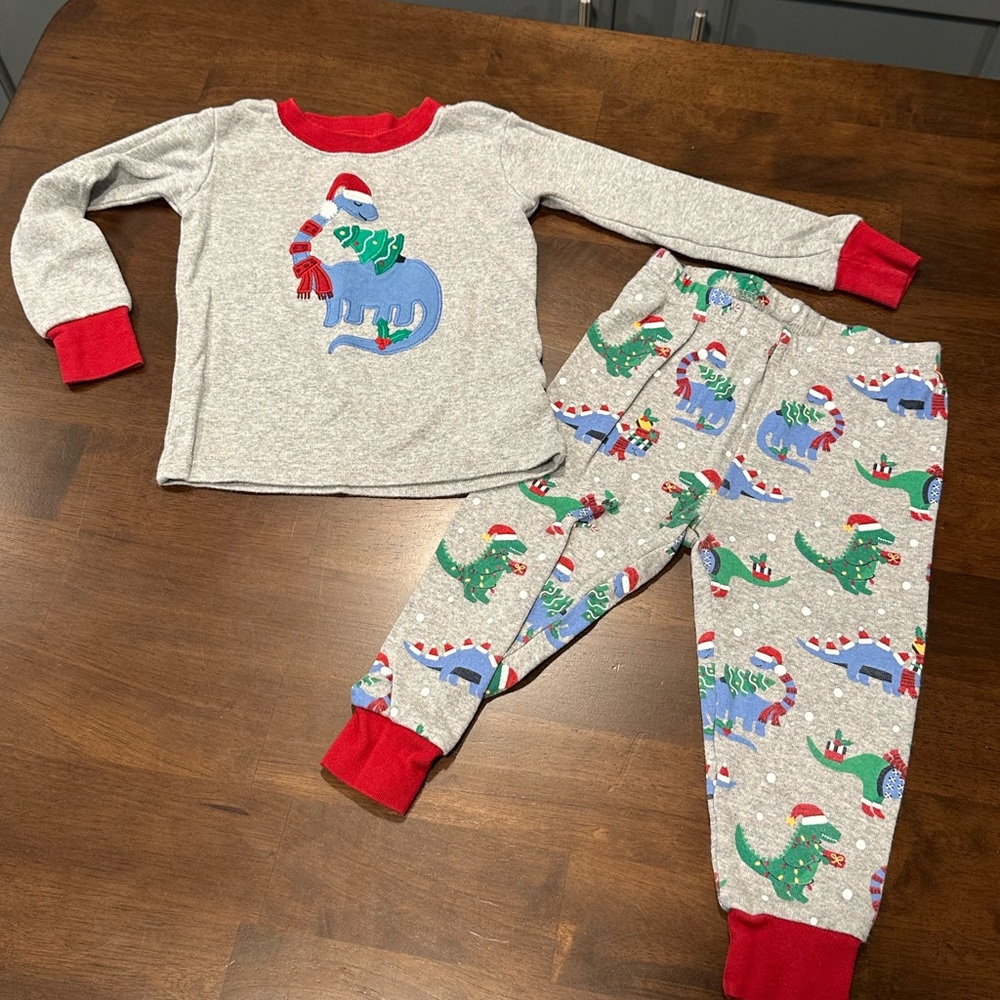 Gymboree Gray and Red Dinosaur Christmas Pajama Set